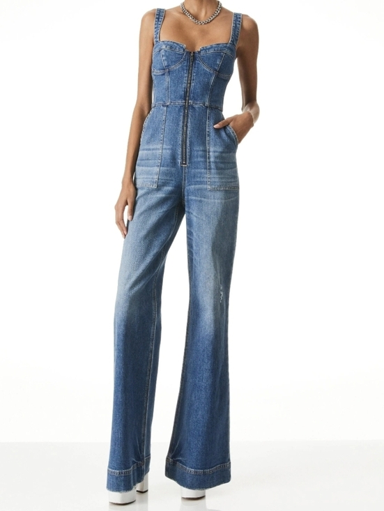 Alice + Olivia Pants - Alice + Olivia Jeans Lovetta Denim Wide Leg Jumpsuit Monterey Blue Size 30